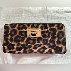 Michael Kors Leopard Print Calf Hair Large Zip around Wallet